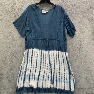 Raya Sun Midi Dress Womens 1X Blue White Boho Art To Wear Cottagecore
